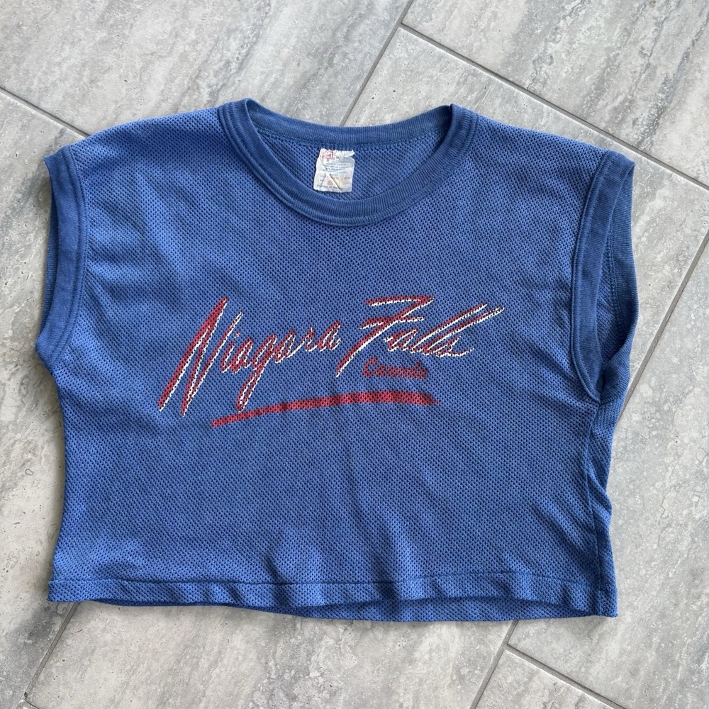 vtg 80s blue mesh souvenir crop top from Niagara Falls Medium Disco Canada Made
